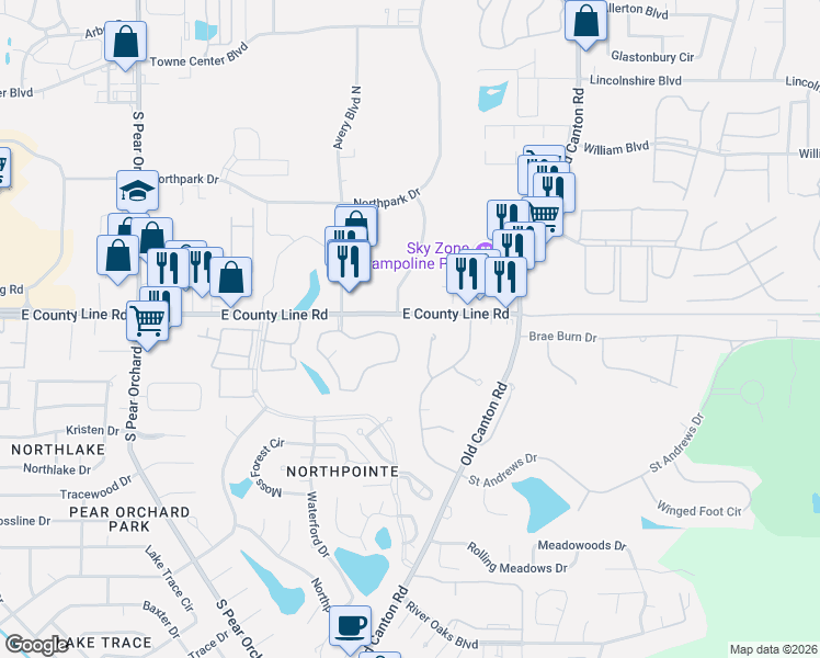 map of restaurants, bars, coffee shops, grocery stores, and more near 35 Polo Drive in Jackson