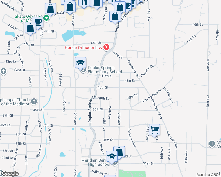 map of restaurants, bars, coffee shops, grocery stores, and more near 3908 25th Avenue in Meridian