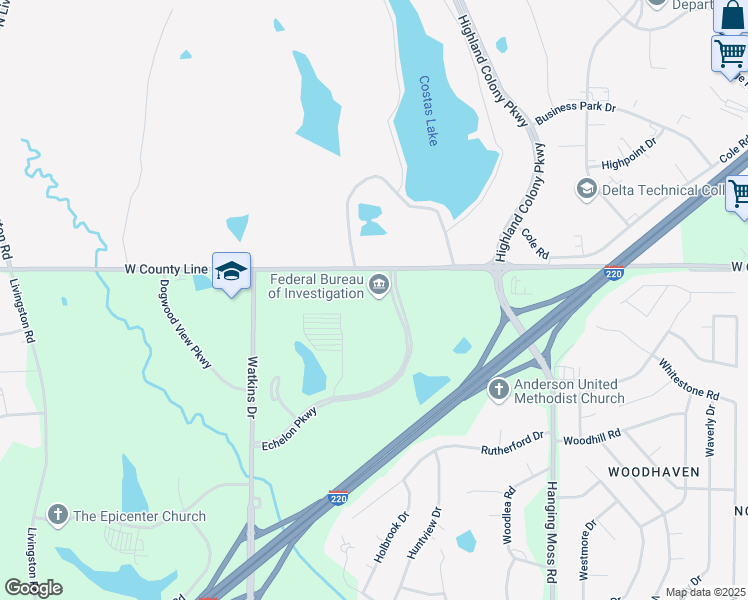 map of restaurants, bars, coffee shops, grocery stores, and more near 1220 Echelon Parkway in Jackson
