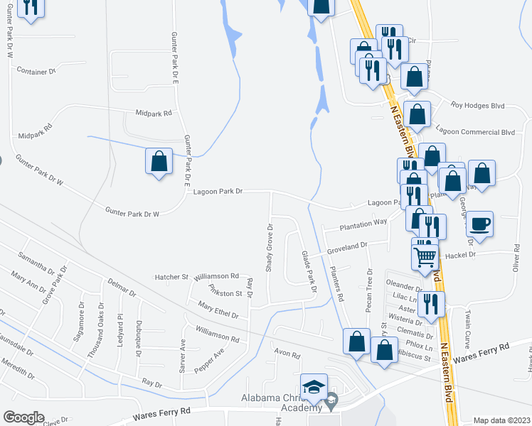 map of restaurants, bars, coffee shops, grocery stores, and more near 593 Shady Grove Drive in Montgomery
