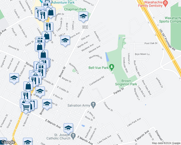 map of restaurants, bars, coffee shops, grocery stores, and more near 114 Charlotte Avenue in Waxahachie