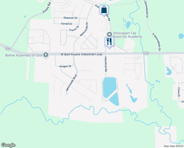 map of restaurants, bars, coffee shops, grocery stores, and more near 5605 Kenilworth Circle in Shreveport