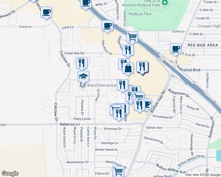 map of restaurants, bars, coffee shops, grocery stores, and more near 3526 Paintbrush Drive in Abilene