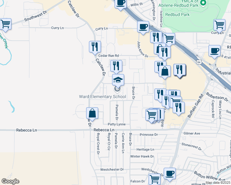 map of restaurants, bars, coffee shops, grocery stores, and more near 3750 Paintbrush Drive in Abilene