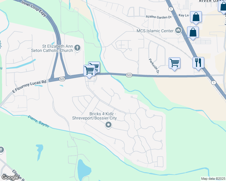 map of restaurants, bars, coffee shops, grocery stores, and more near Parlange Circle in Shreveport