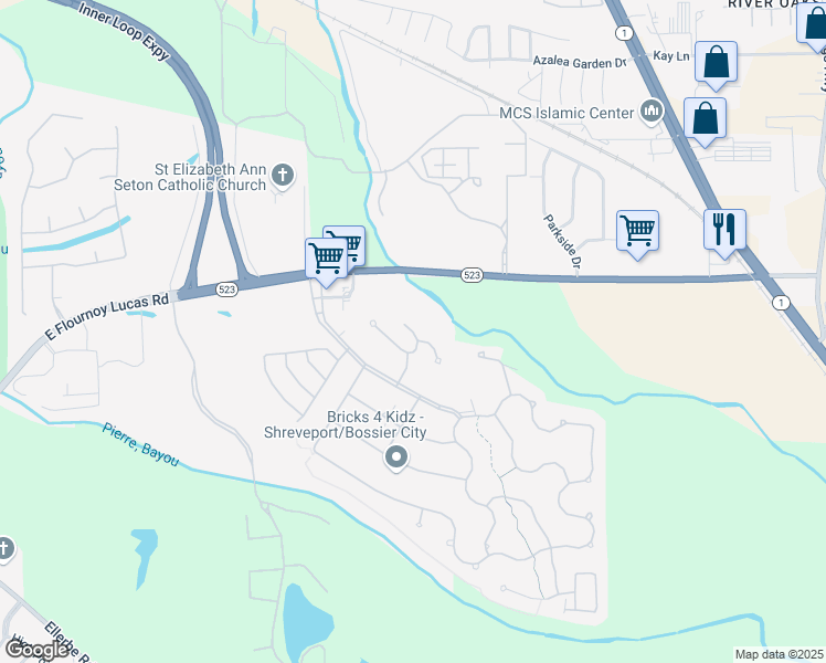 map of restaurants, bars, coffee shops, grocery stores, and more near 608 Parlange Circle in Shreveport