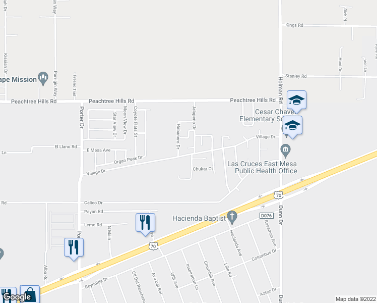 map of restaurants, bars, coffee shops, grocery stores, and more near 6428 Cayenne Drive in Las Cruces