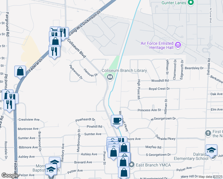 map of restaurants, bars, coffee shops, grocery stores, and more near 740 Coliseum Boulevard in Montgomery