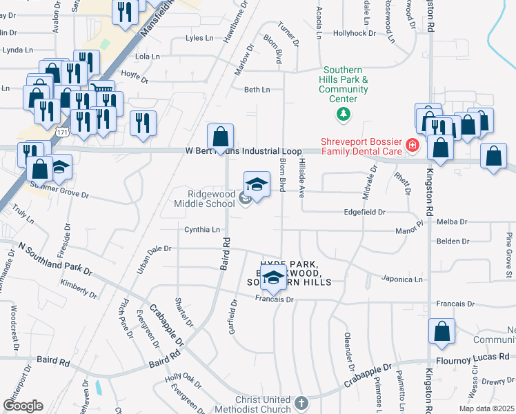 map of restaurants, bars, coffee shops, grocery stores, and more near 2001 Ridgewood Drive in Shreveport
