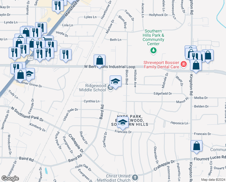 map of restaurants, bars, coffee shops, grocery stores, and more near 2001 Ridgewood Drive in Shreveport