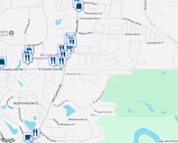 map of restaurants, bars, coffee shops, grocery stores, and more near 217 Brae Burn Drive in Jackson