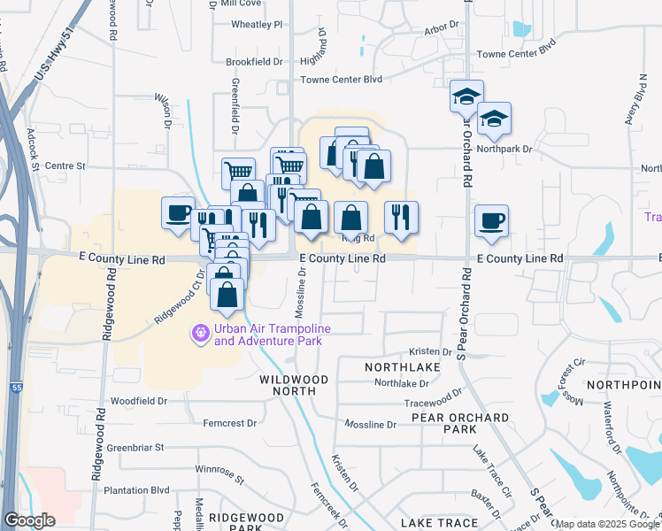 map of restaurants, bars, coffee shops, grocery stores, and more near 1439 Woodfield Drive in Jackson