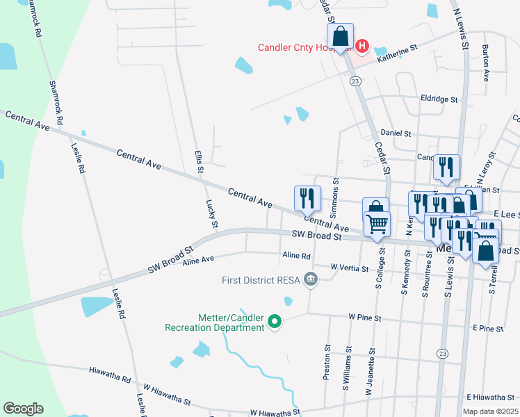 map of restaurants, bars, coffee shops, grocery stores, and more near 800 Southwest Broad Street in Metter