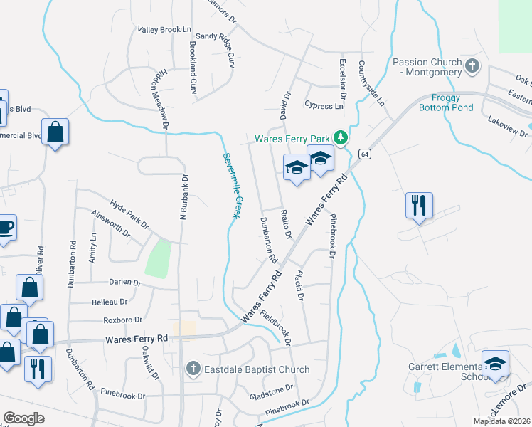 map of restaurants, bars, coffee shops, grocery stores, and more near 1412 Dunbarton Road in Montgomery
