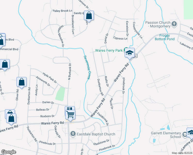 map of restaurants, bars, coffee shops, grocery stores, and more near 1403 Dunbarton Road in Montgomery