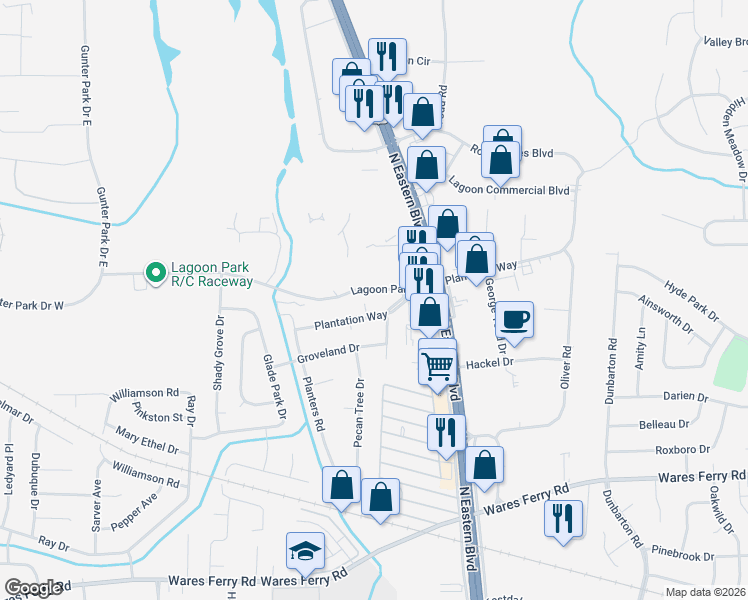 map of restaurants, bars, coffee shops, grocery stores, and more near 648 Plantation Way in Montgomery