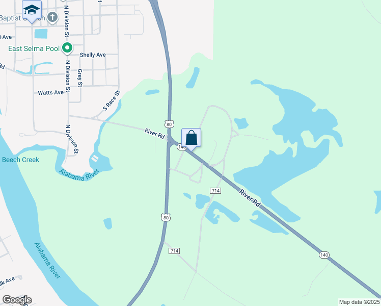 map of restaurants, bars, coffee shops, grocery stores, and more near 606 River Road in Selma