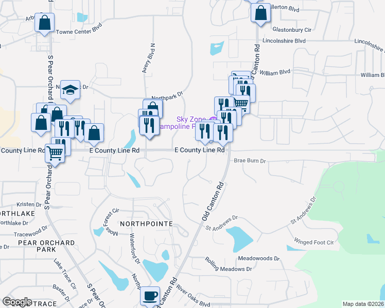 map of restaurants, bars, coffee shops, grocery stores, and more near 19 St Andrews Dr in Jackson
