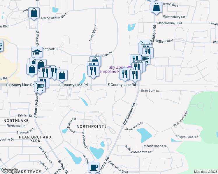 map of restaurants, bars, coffee shops, grocery stores, and more near 35 Polo Drive in Jackson