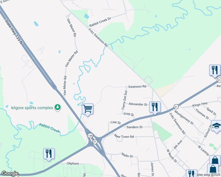 map of restaurants, bars, coffee shops, grocery stores, and more near 1805 Tierra Del Sol in Kilgore