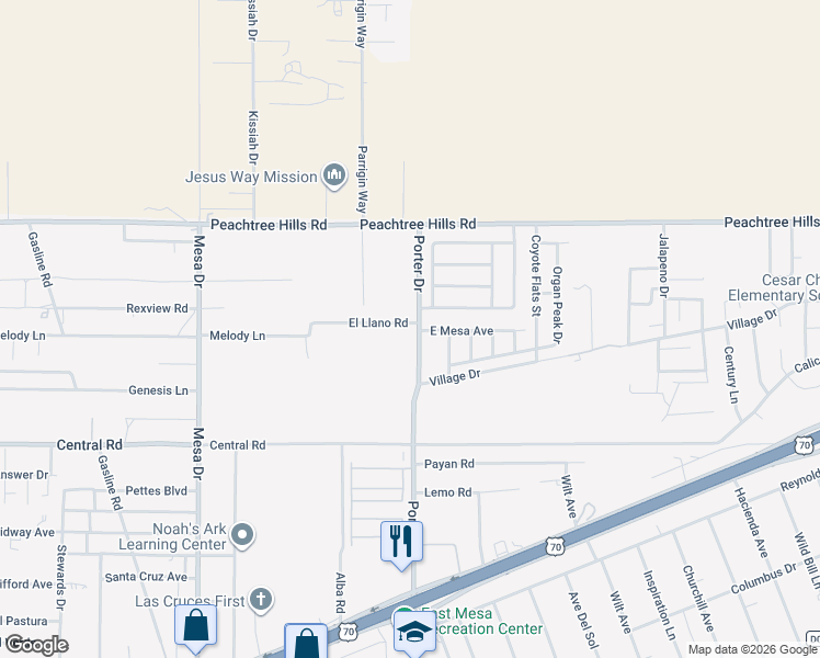 map of restaurants, bars, coffee shops, grocery stores, and more near 6179-6187 Porter Drive in Las Cruces