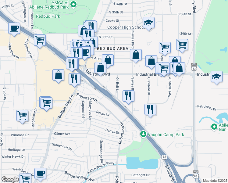 map of restaurants, bars, coffee shops, grocery stores, and more near 4265 Oil Belt Ln in Abilene