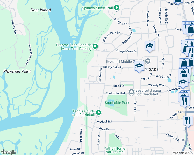 map of restaurants, bars, coffee shops, grocery stores, and more near Cedar Grove Cir in Beaufort