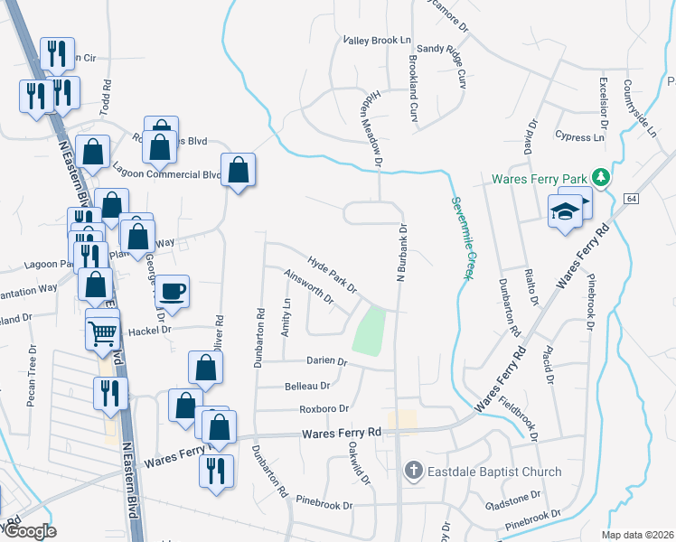map of restaurants, bars, coffee shops, grocery stores, and more near 5765 Hyde Park Drive in Montgomery