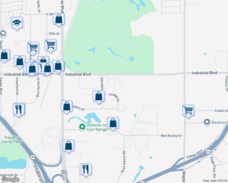 map of restaurants, bars, coffee shops, grocery stores, and more near 926 Energy Drive in Abilene