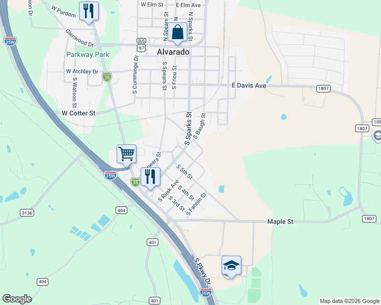 map of restaurants, bars, coffee shops, grocery stores, and more near 708 South Sparks Street in Alvarado