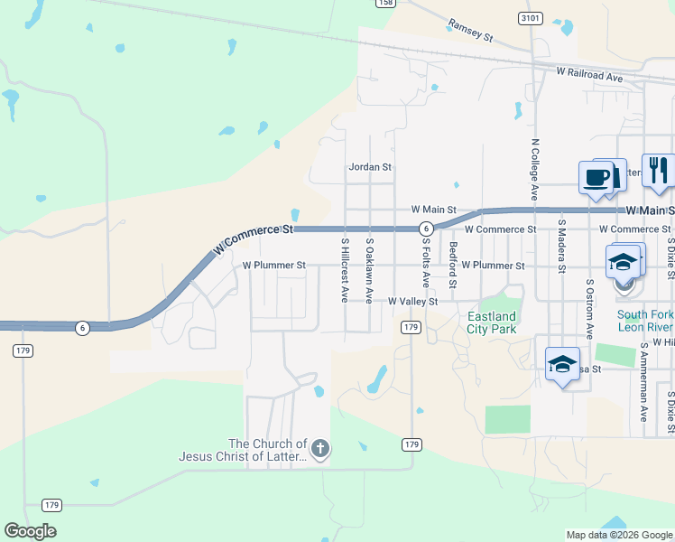 map of restaurants, bars, coffee shops, grocery stores, and more near 304 South Hillcrest Avenue in Eastland