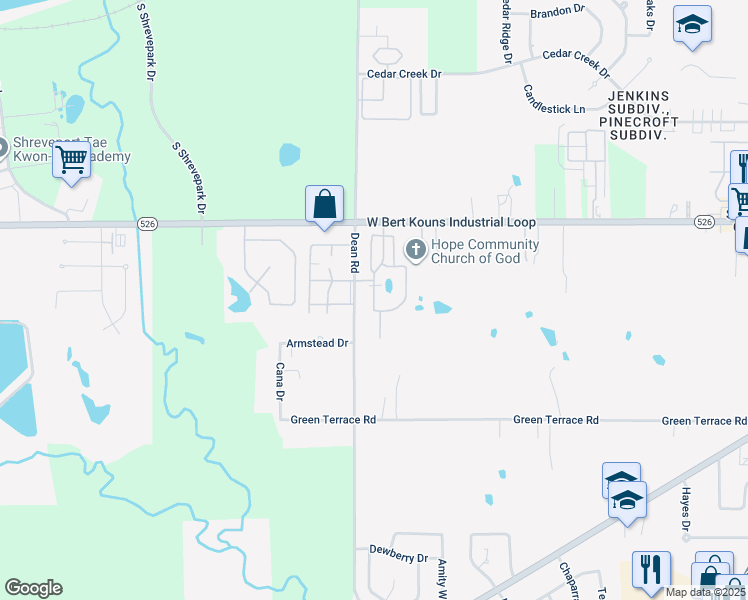 map of restaurants, bars, coffee shops, grocery stores, and more near 3257 West Bert Kouns Industrial Loop in Shreveport