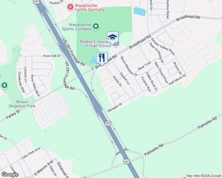 map of restaurants, bars, coffee shops, grocery stores, and more near 199 Brandie Mac Lane in Waxahachie
