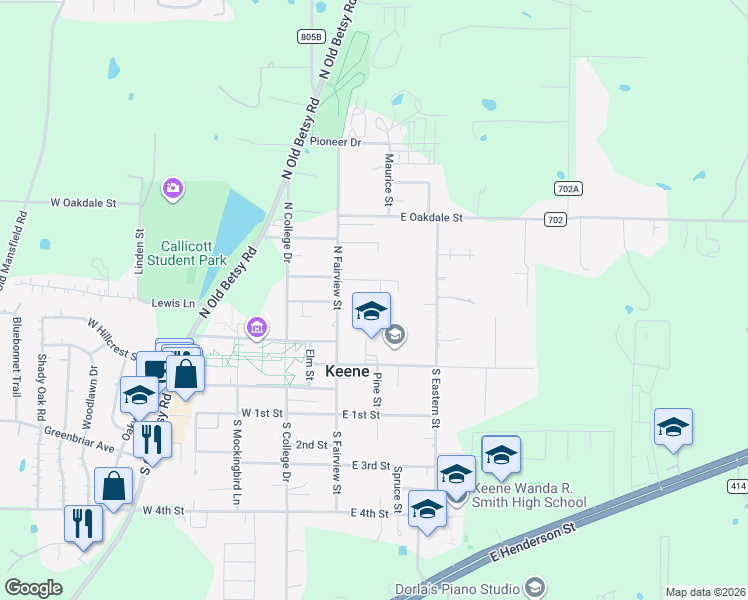 map of restaurants, bars, coffee shops, grocery stores, and more near 207 East Maple Street in Keene