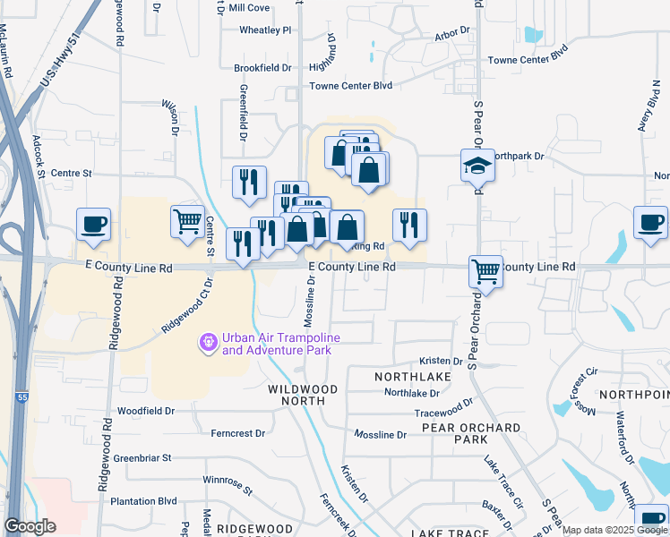 map of restaurants, bars, coffee shops, grocery stores, and more near 1240 East County Line Road in Ridgeland