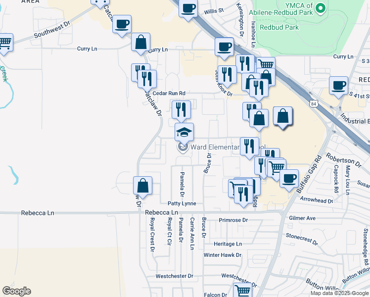 map of restaurants, bars, coffee shops, grocery stores, and more near 3750 Paintbrush Drive in Abilene