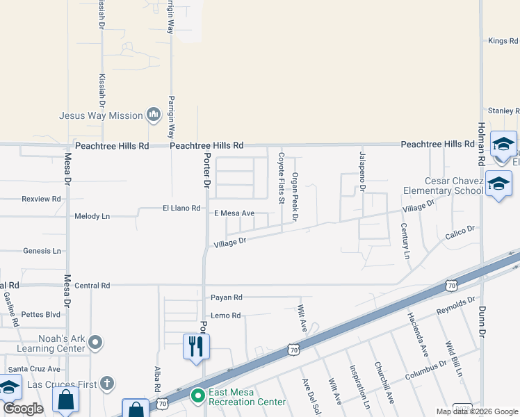 map of restaurants, bars, coffee shops, grocery stores, and more near 5771 East Mesa Avenue in Las Cruces