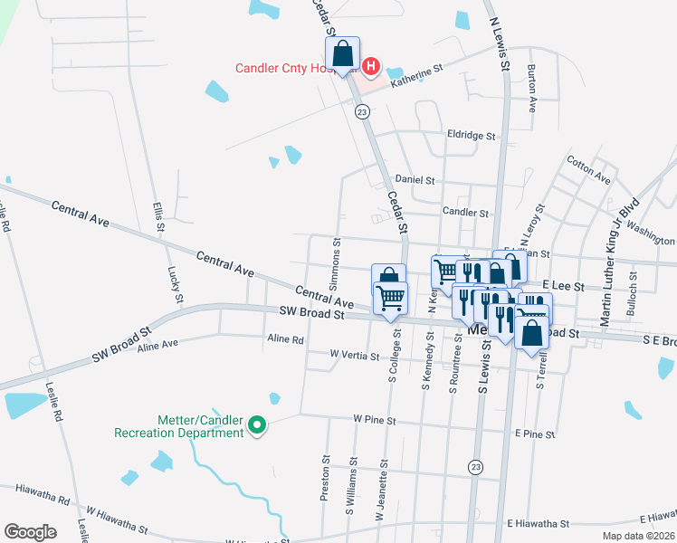 map of restaurants, bars, coffee shops, grocery stores, and more near 418 West Lee Street in Metter