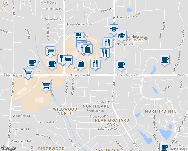 map of restaurants, bars, coffee shops, grocery stores, and more near 1527 East County Line Road in Jackson