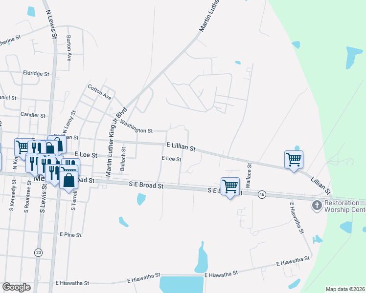 map of restaurants, bars, coffee shops, grocery stores, and more near 942 East Lillian Street in Metter