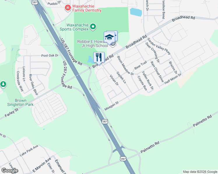 map of restaurants, bars, coffee shops, grocery stores, and more near 198 Brandie Mac Lane in Waxahachie