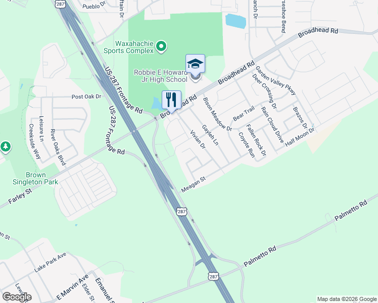 map of restaurants, bars, coffee shops, grocery stores, and more near 198 Brandie Mac Lane in Waxahachie