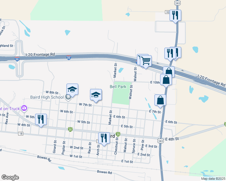 map of restaurants, bars, coffee shops, grocery stores, and more near Market Street in Baird