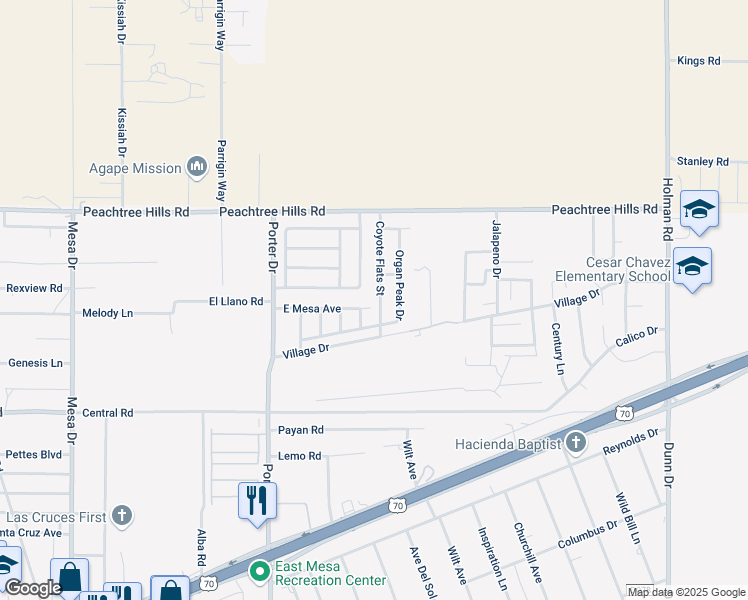 map of restaurants, bars, coffee shops, grocery stores, and more near 5829 Coyote Flat Street in Las Cruces