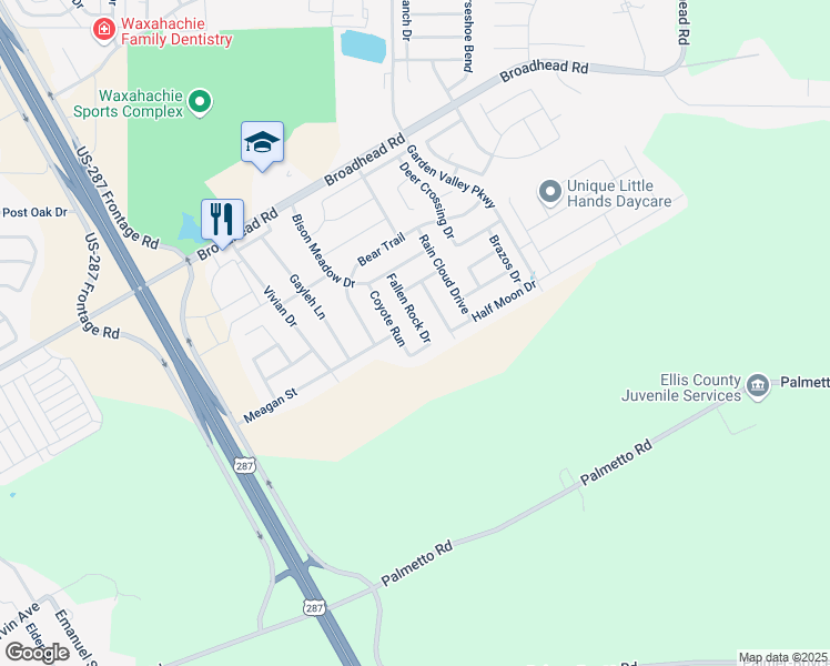 map of restaurants, bars, coffee shops, grocery stores, and more near 109 Fallen Rock Drive in Waxahachie