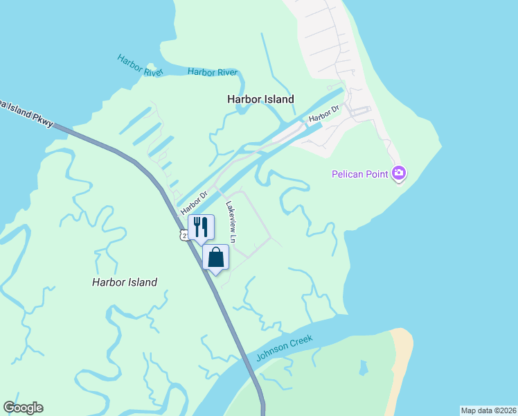 map of restaurants, bars, coffee shops, grocery stores, and more near 25 Ocean Marsh Lane in Saint Helena Island