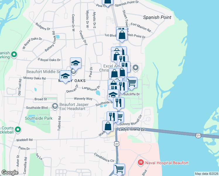 map of restaurants, bars, coffee shops, grocery stores, and more near 1312 Ribaut Road in Port Royal