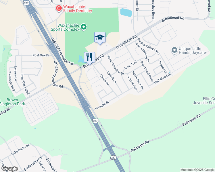 map of restaurants, bars, coffee shops, grocery stores, and more near 208 Vivian Drive in Waxahachie