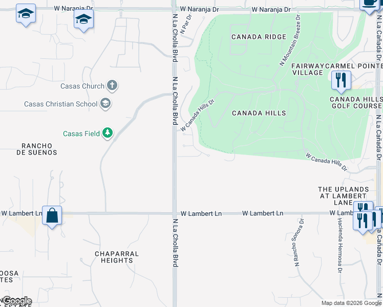 map of restaurants, bars, coffee shops, grocery stores, and more near 2075 West Hidden Pointe Court in Oro Valley