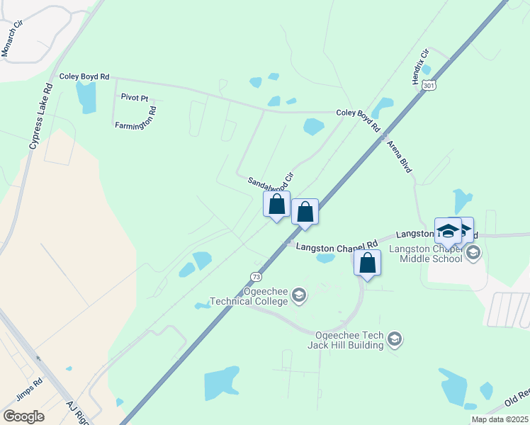 map of restaurants, bars, coffee shops, grocery stores, and more near 1005 Lucy Lane in Statesboro